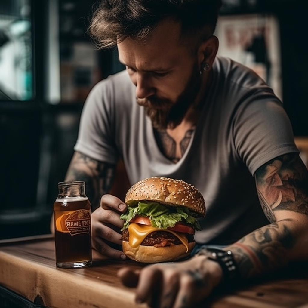 a man sitting in a bar drinking alcohol and eating a big burger copyright nothing2queen