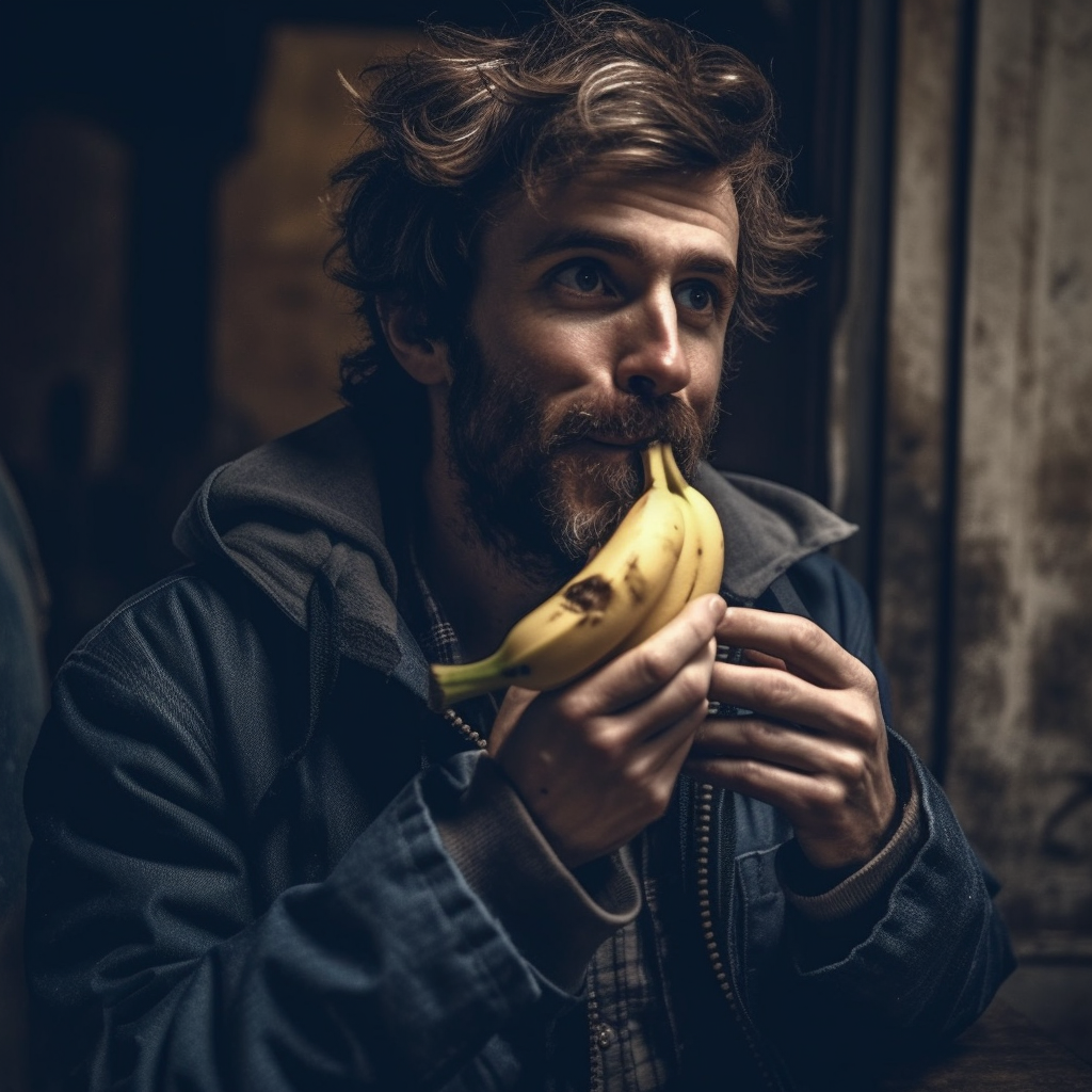 a man eating a banana in the street copyright nothing2queen