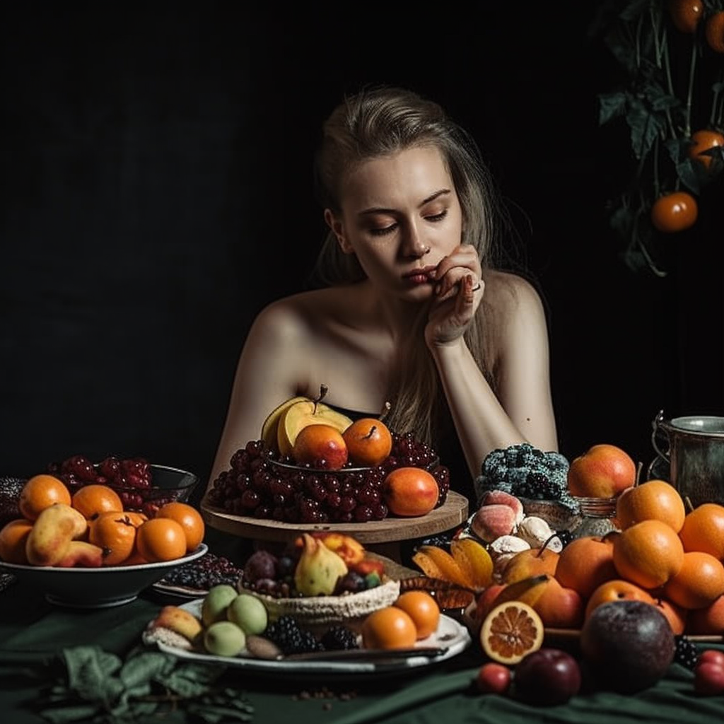 woman overeating the fruits she has in front of her on a table copyright nothing2queen